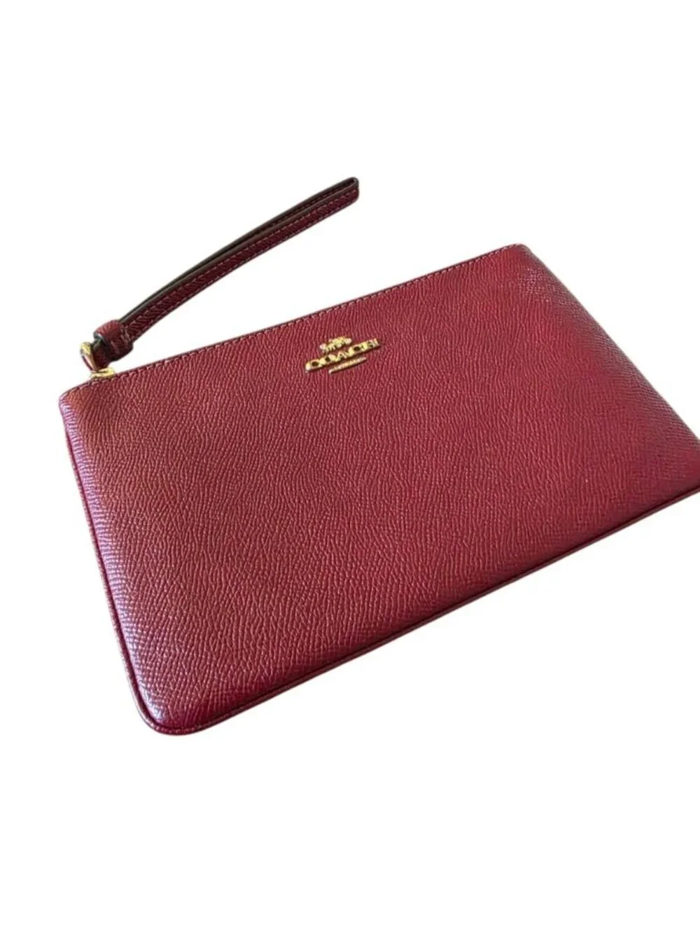 Coach Oxblood Pebbled Leather Wristlet Wallet Clutch Zip Pouch Burgundy Red